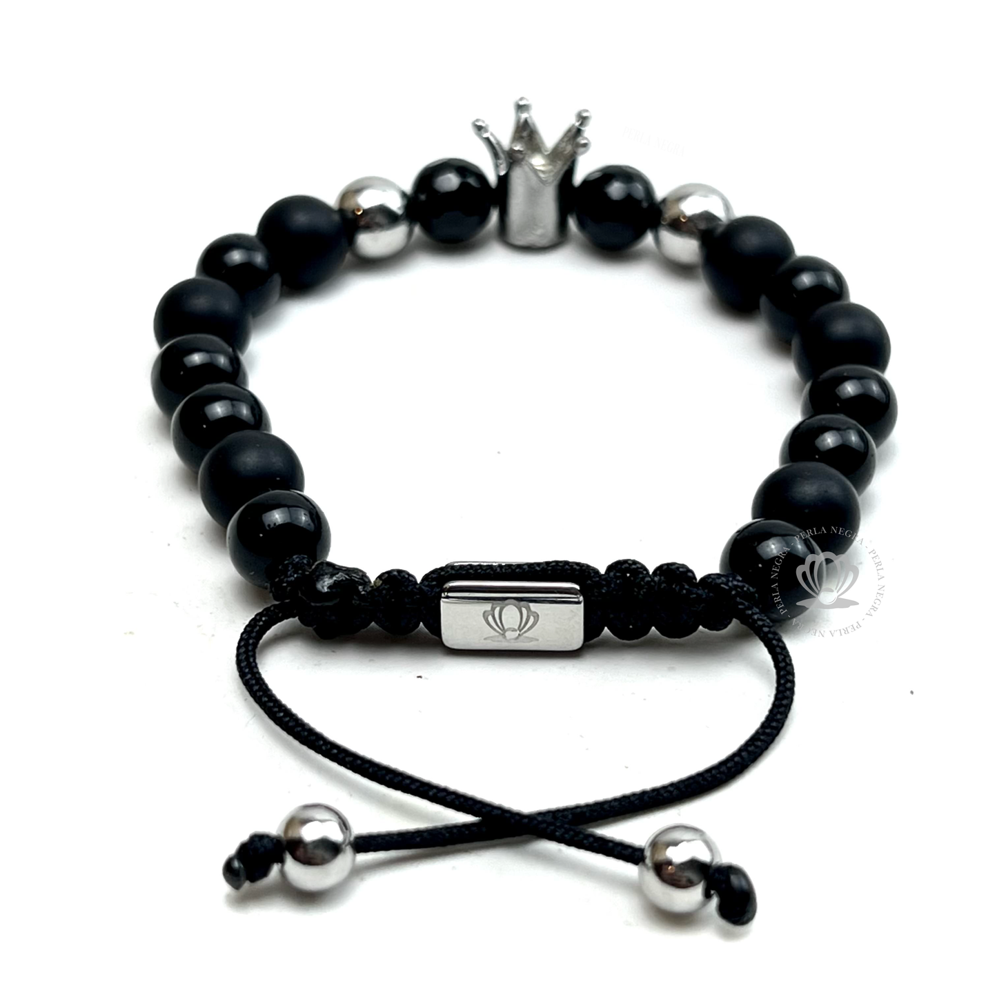 Silver Crown & Onyx Beads Bracelet