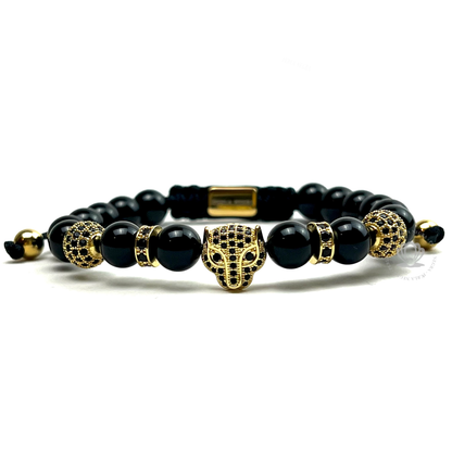 Yellow Gold Jaguar, Black Cz & Black Onyx Beads Bracelet