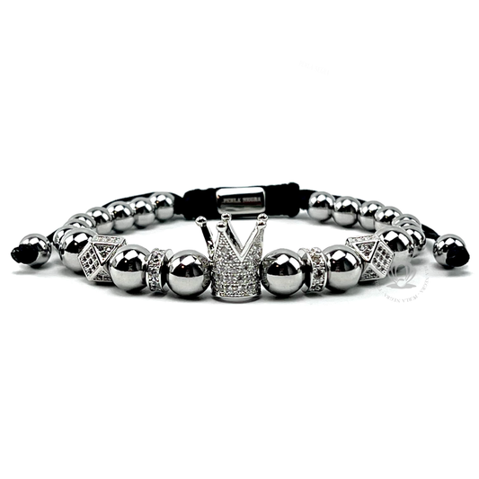 White Gold Cz Crown & Silver Stainless Steel Beads Bracelet