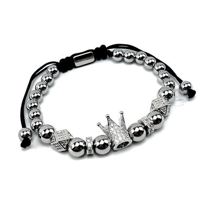 White Gold Cz Crown & Silver Stainless Steel Beads Bracelet