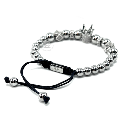 White Gold Cz Crown & Silver Stainless Steel Beads Bracelet