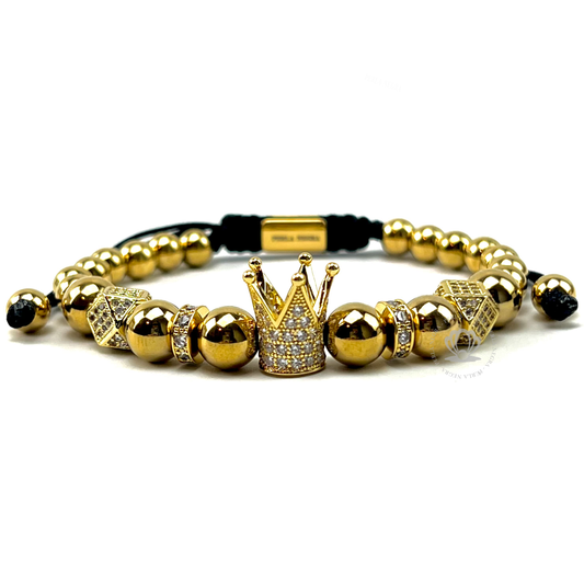 18k Gold Cz Crown & Gold Stainless Steel Beads Bracelet