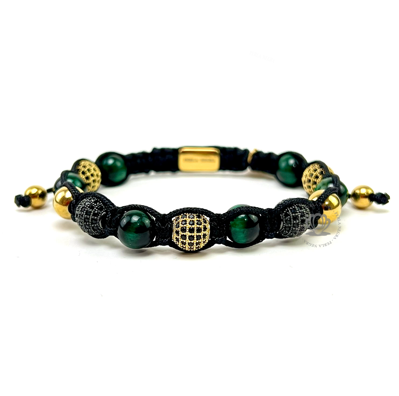 Yellow Gold Cz Crown, Green Tiger Eye &  Green Cz Curved Combination