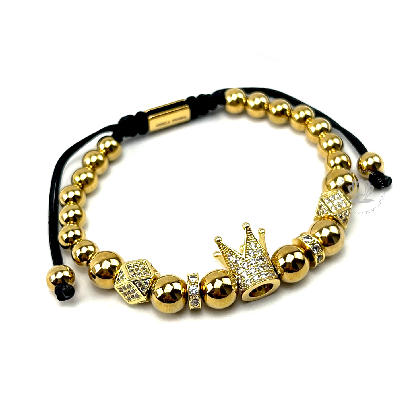 18k Gold Cz Crown & Gold Stainless Steel Beads Bracelet