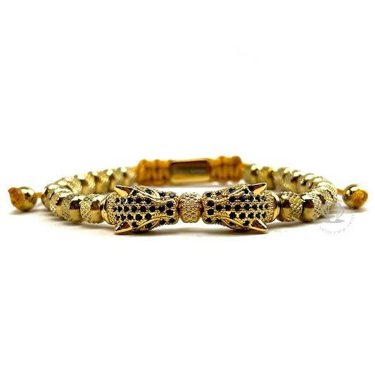 Double Black Cz Jaguar & 18k Gold Beads Bracelet