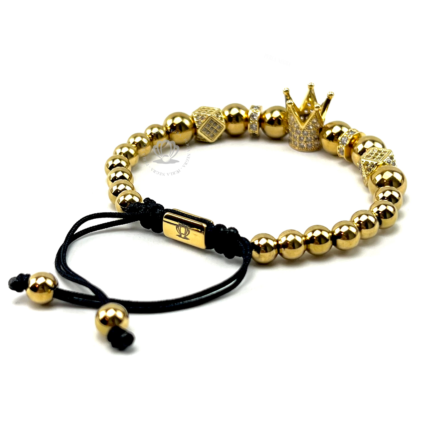 18k Gold Cz Crown & Gold Stainless Steel Beads Bracelet