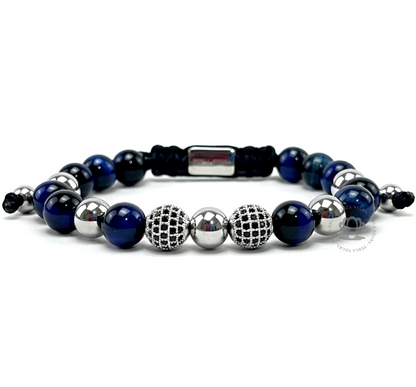 White Gold Cz Skull, White Gold Crown & Blue Tiger Eye Beads Combination