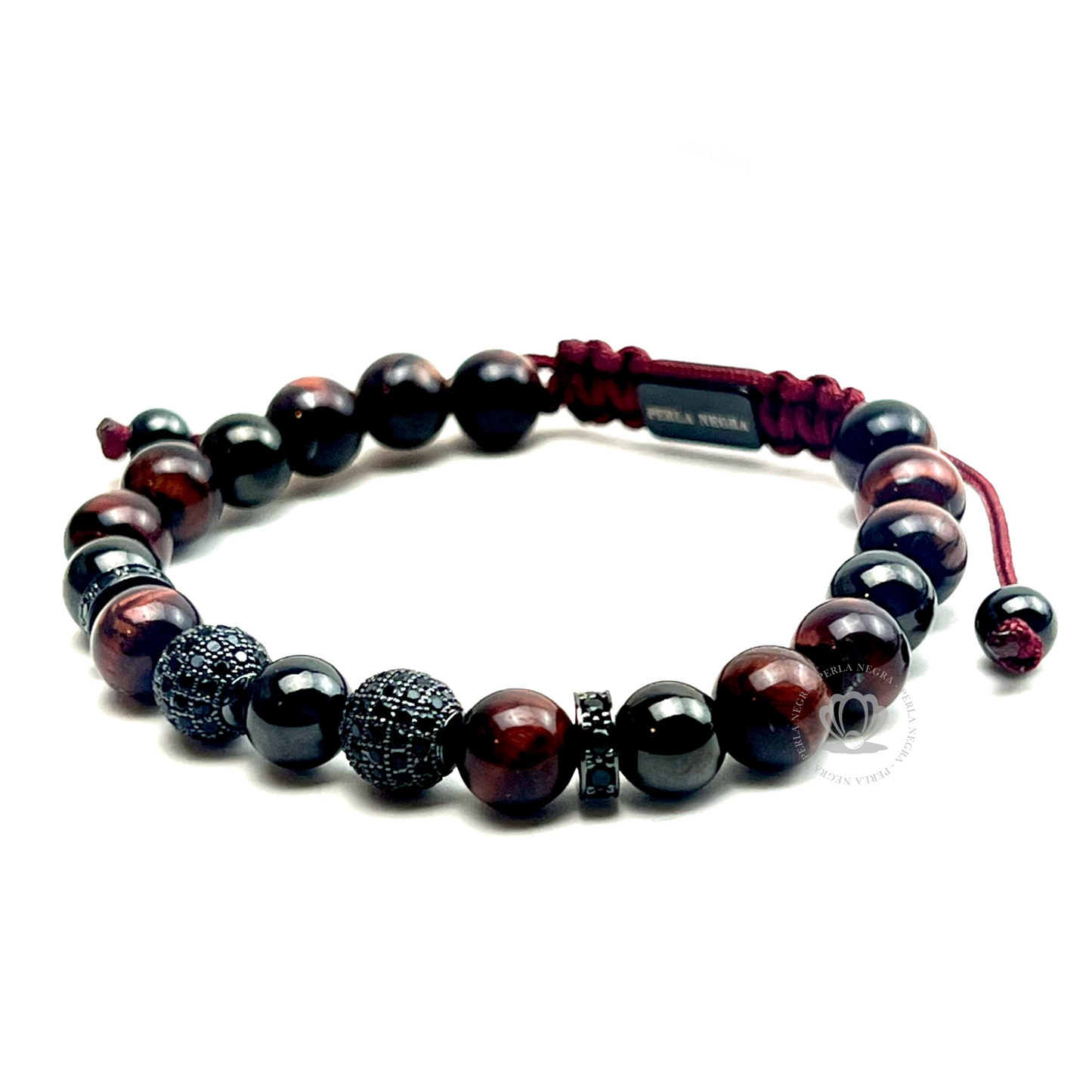 Red Tiger Eye & Rhodium Cz Beads Bracelet