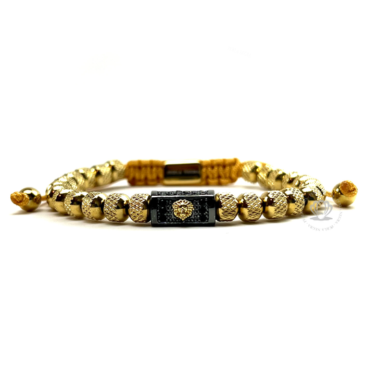 Black Cz Lion & Stainless Steel Gold Beads Bracelet