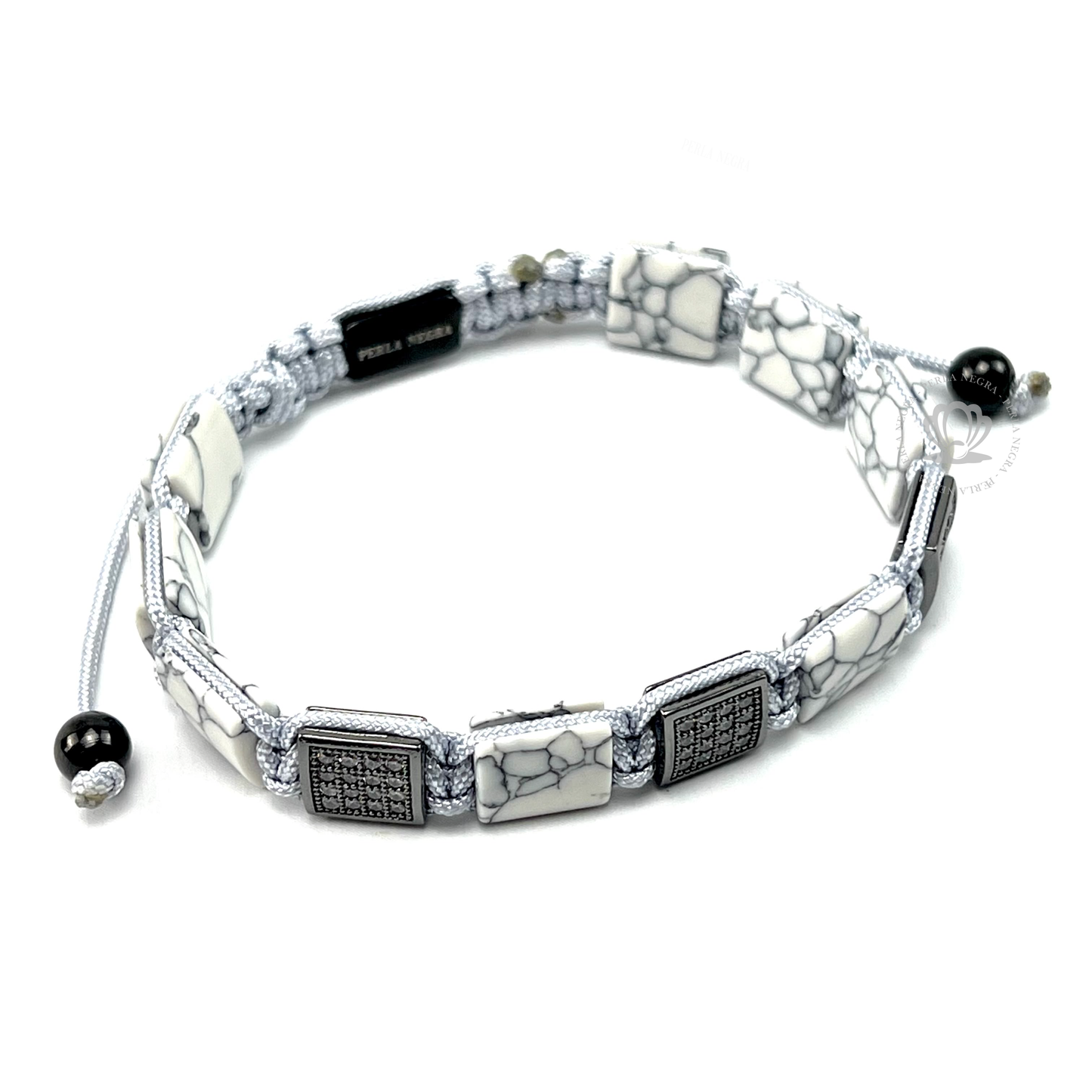 White Howlite, Rhodium & Clear Cz Rectangule Bracelet