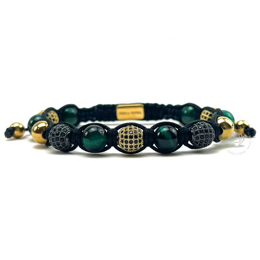 Classic Green Tiger Eye, Black & Gold Clear Cz Bracelet