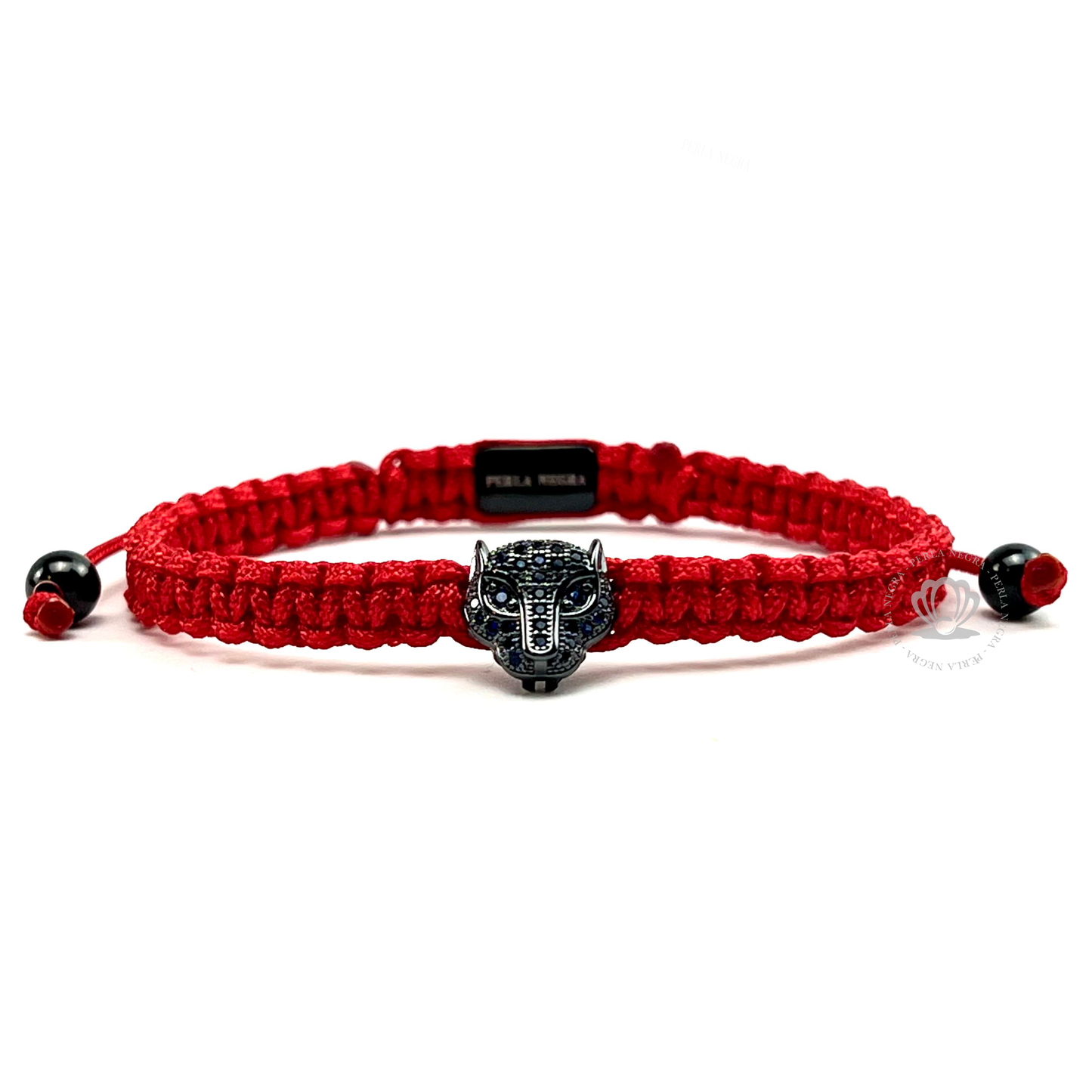 Rhodium Jaguar, Black Cz & Red Thread Bracelet