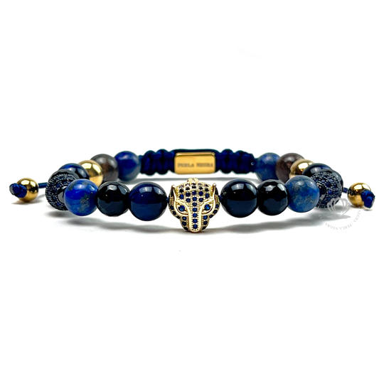 Yellow Gold Jaguar Blue Tiger Eye, Rhodium & Agata Bracelet