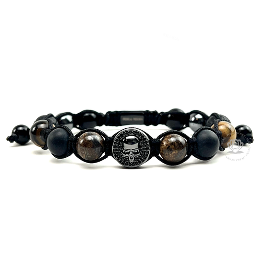 Rhodium Cz Skull, Brown Tiger Eye & Onyx Bracelet