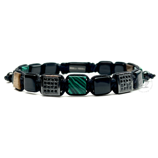 Brown Tiger Eye, Malachite & Cz Square Bracelet