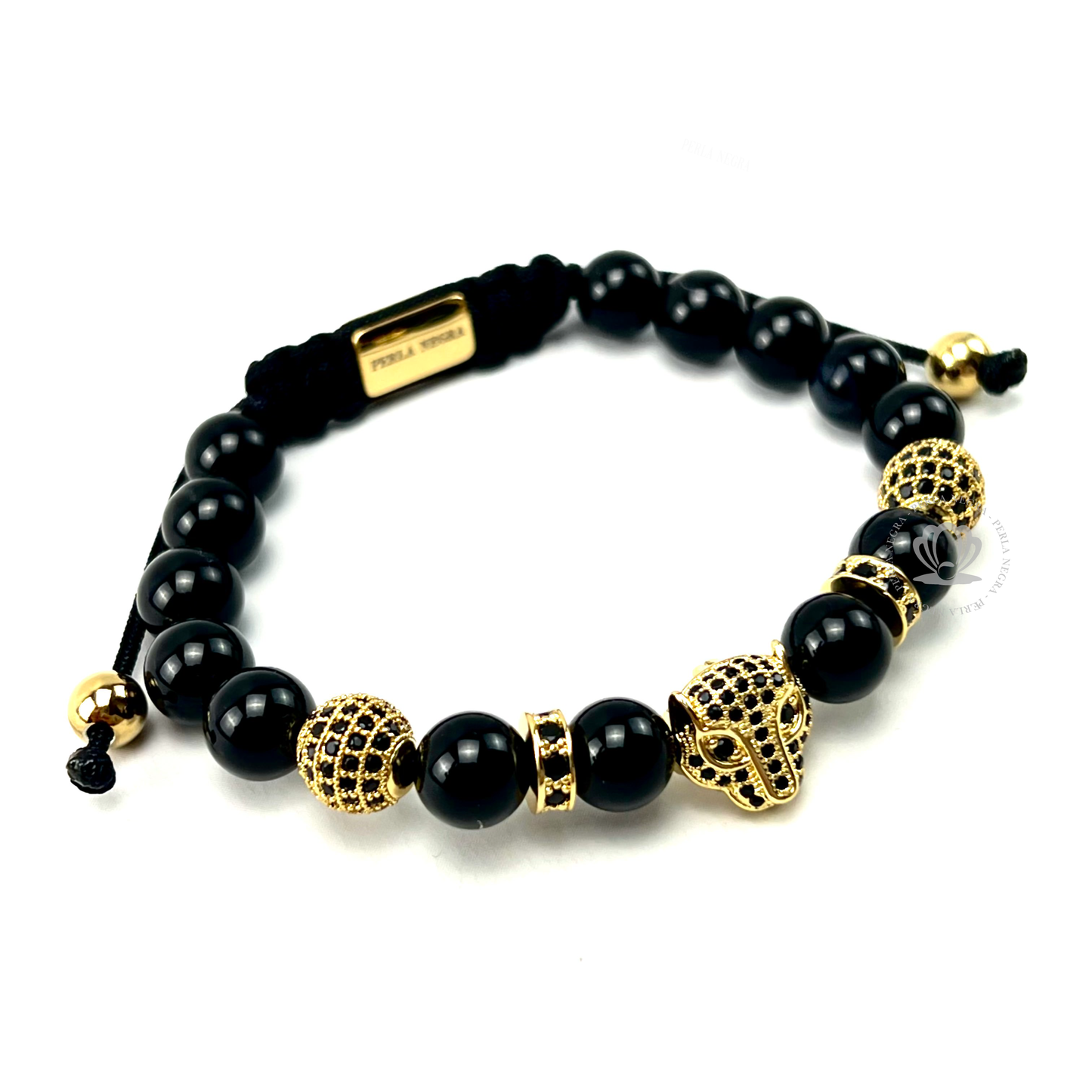 Yellow Gold Jaguar, Black Cz & Black Onyx Beads Bracelet