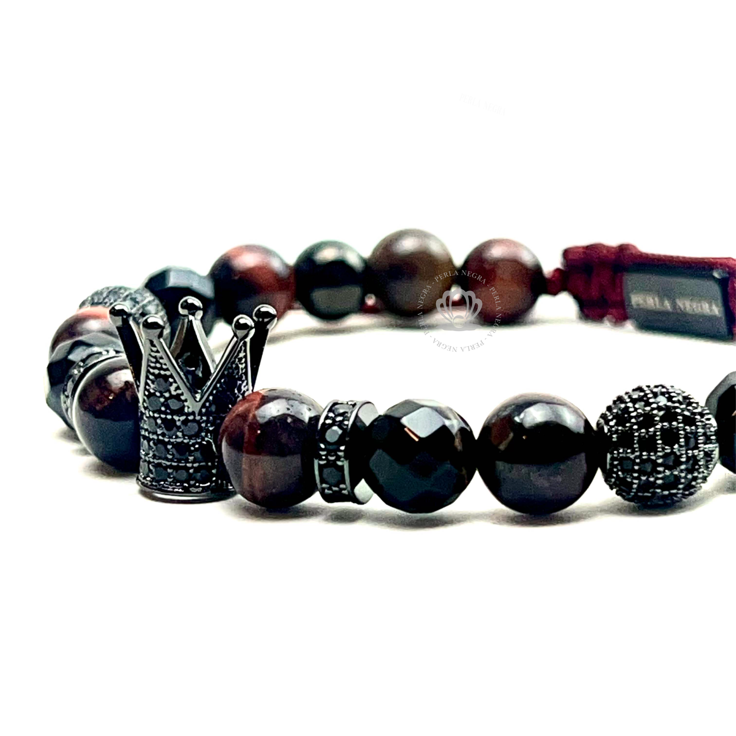 Rhodium Cz Crown, Red Tiger Eye Bracelet
