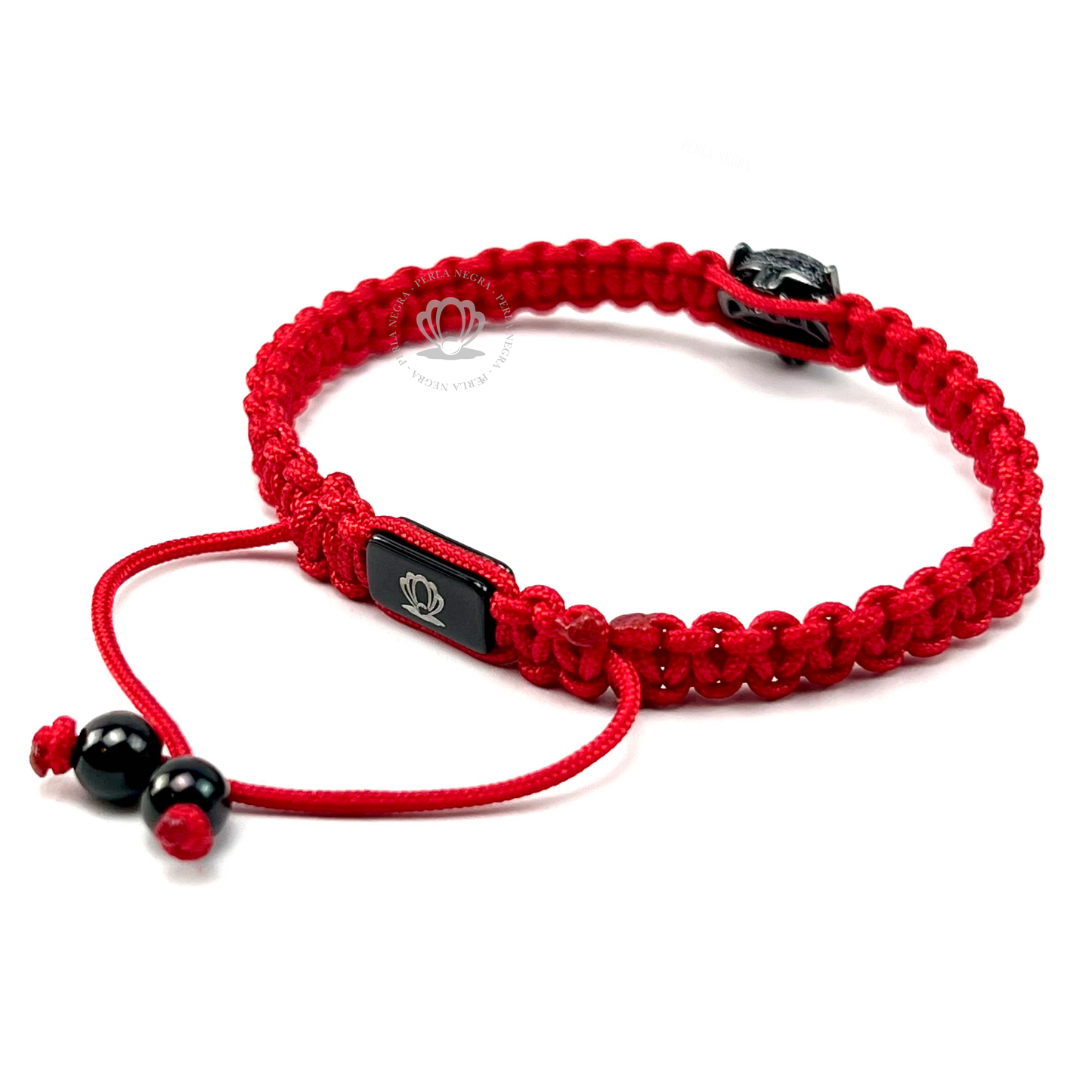 Rhodium Jaguar, Black Cz & Red Thread Bracelet