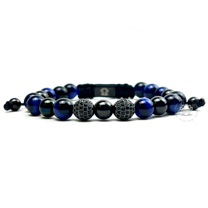 Blue Tiger Eye & Rhodium Cz Beads Bracelet