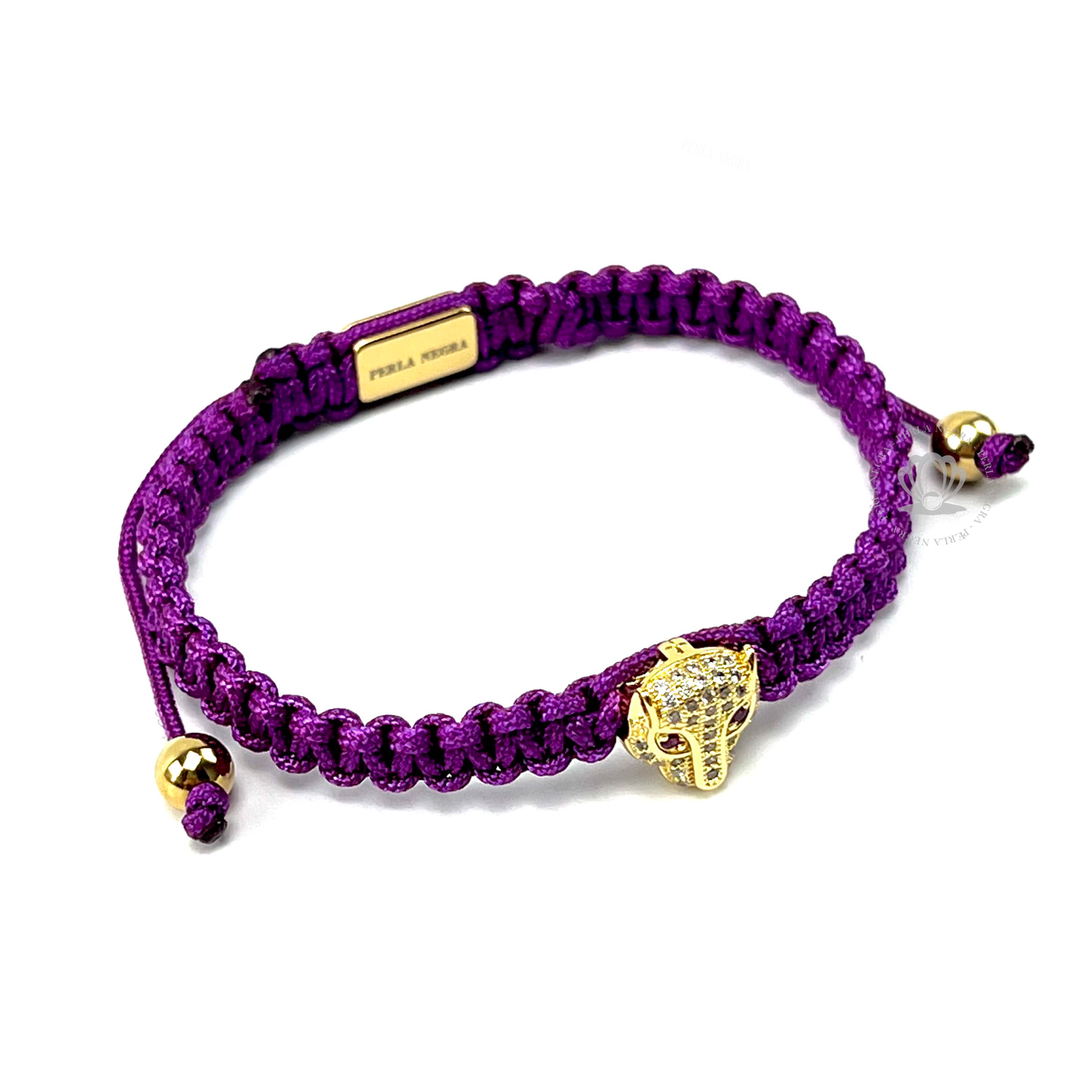 Gold Jaguar, Clear Cz & Purple Thread Bracelet