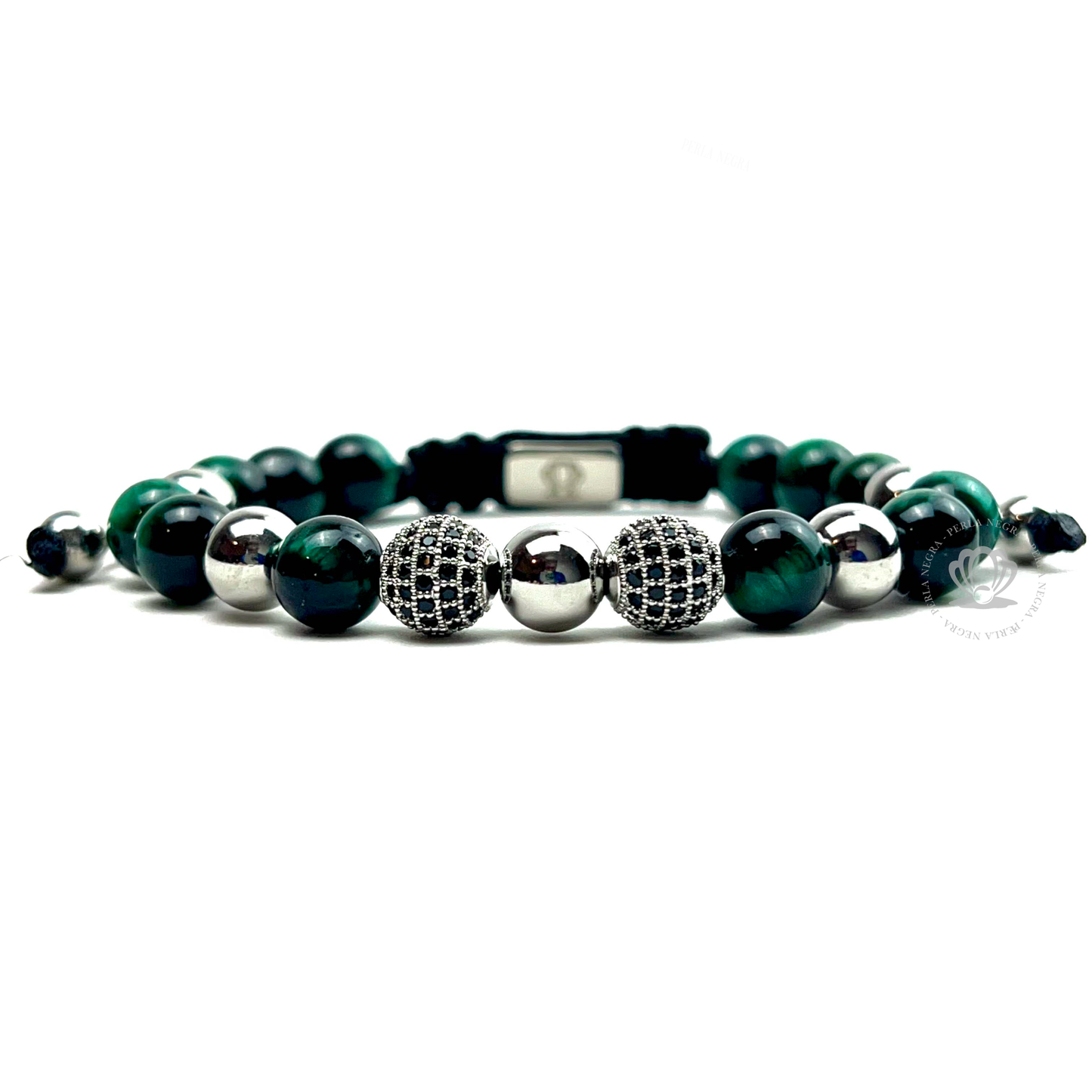 Green Tiger Eye & White Gold Cz Beads Bracelet