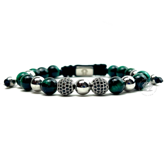 Green Tiger Eye & White Gold Cz Beads Bracelet