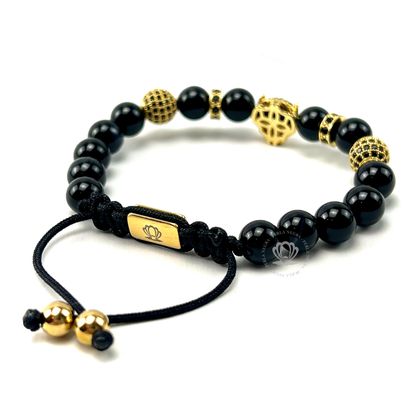 Yellow Gold Jaguar, Black Cz & Black Onyx Beads Bracelet