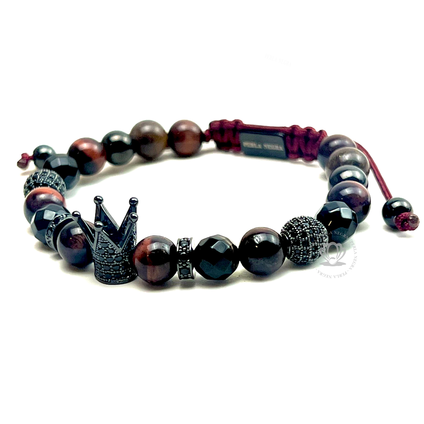 Rhodium Cz Crown, Red Tiger Eye Bracelet