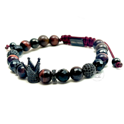 Rhodium Cz Crown, Red Tiger Eye Bracelet
