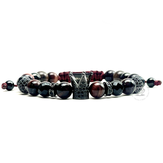Ruthenium Cz Crown, Red Tiger Eye Bracelet