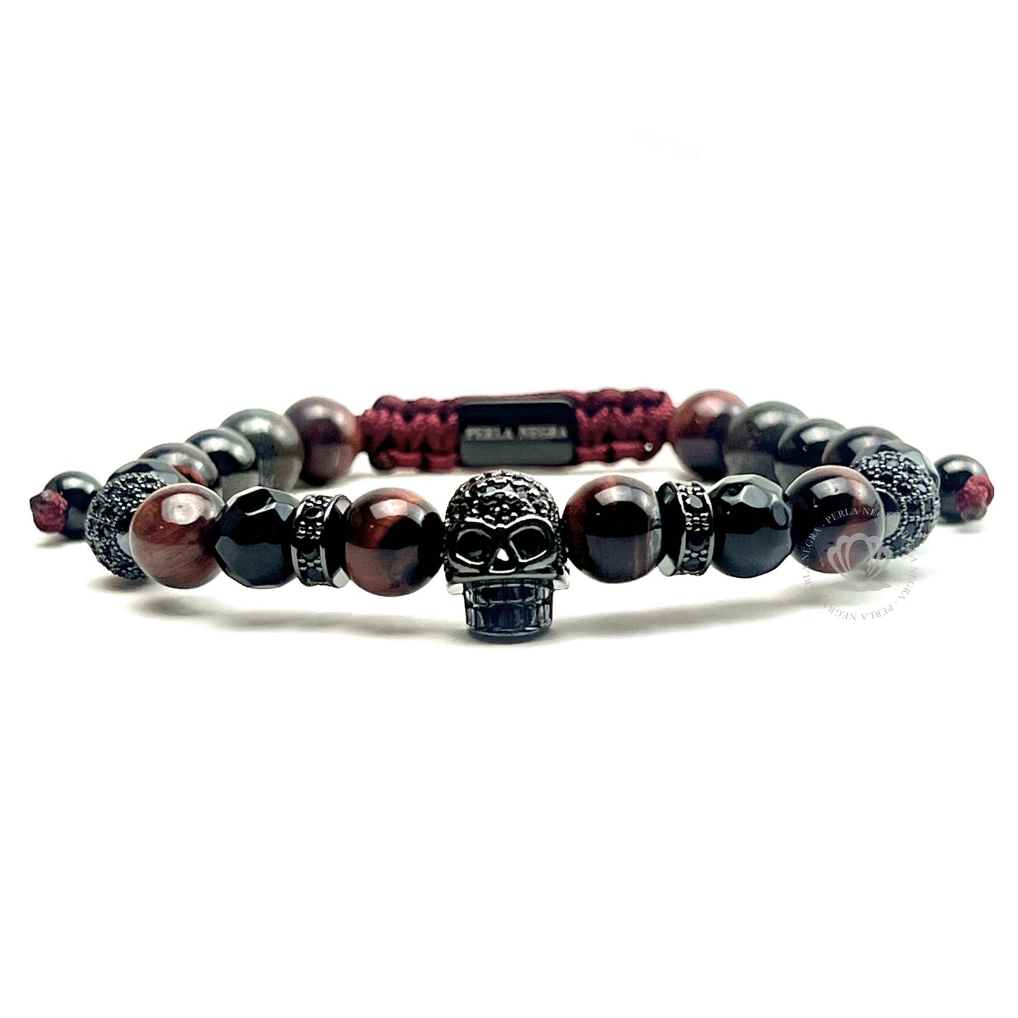 Ruthenium Skull Black Cz, Red Tiger Eye & Agata Bracelet
