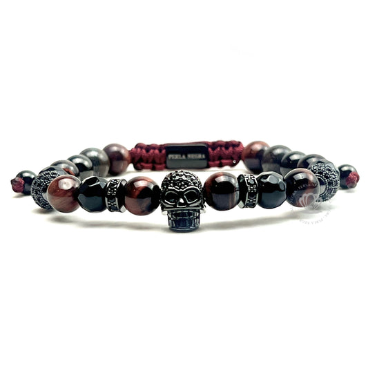 Ruthenium Skull Black Cz, Red Tiger Eye & Agata Bracelet