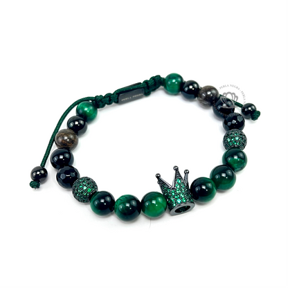 Rhodium Cz Crown, Green Tiger Eye Bracelet