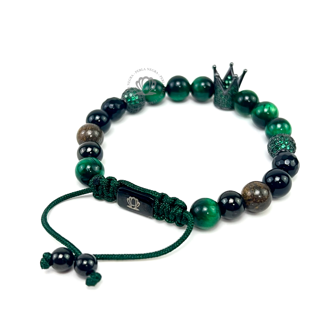 Rhodium Cz Crown, Green Tiger Eye Bracelet