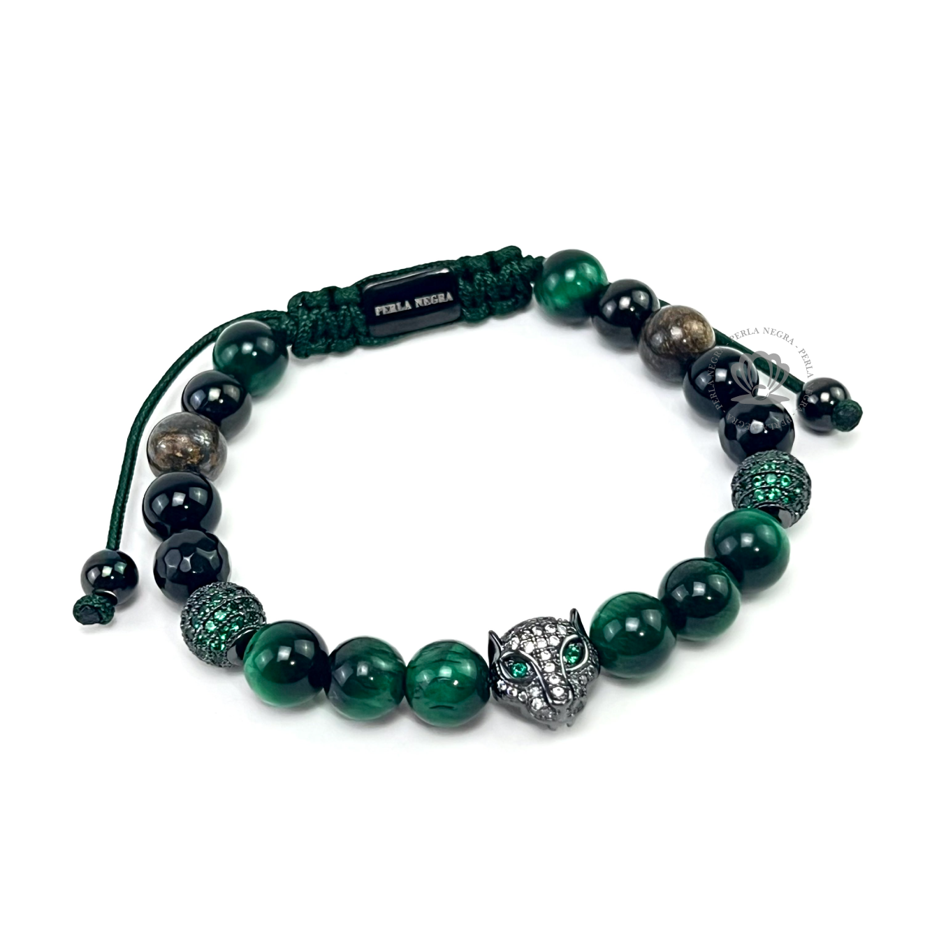 Rhodium Jaguar Green Cz, Agata & Green Tiger Eye Beads - perlanegramx