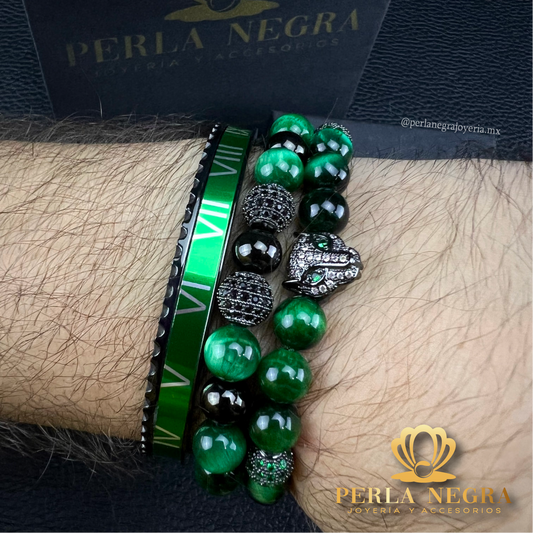 Rhodium Jaguar, Green Tiger Eye Beads & Roman Bravelet