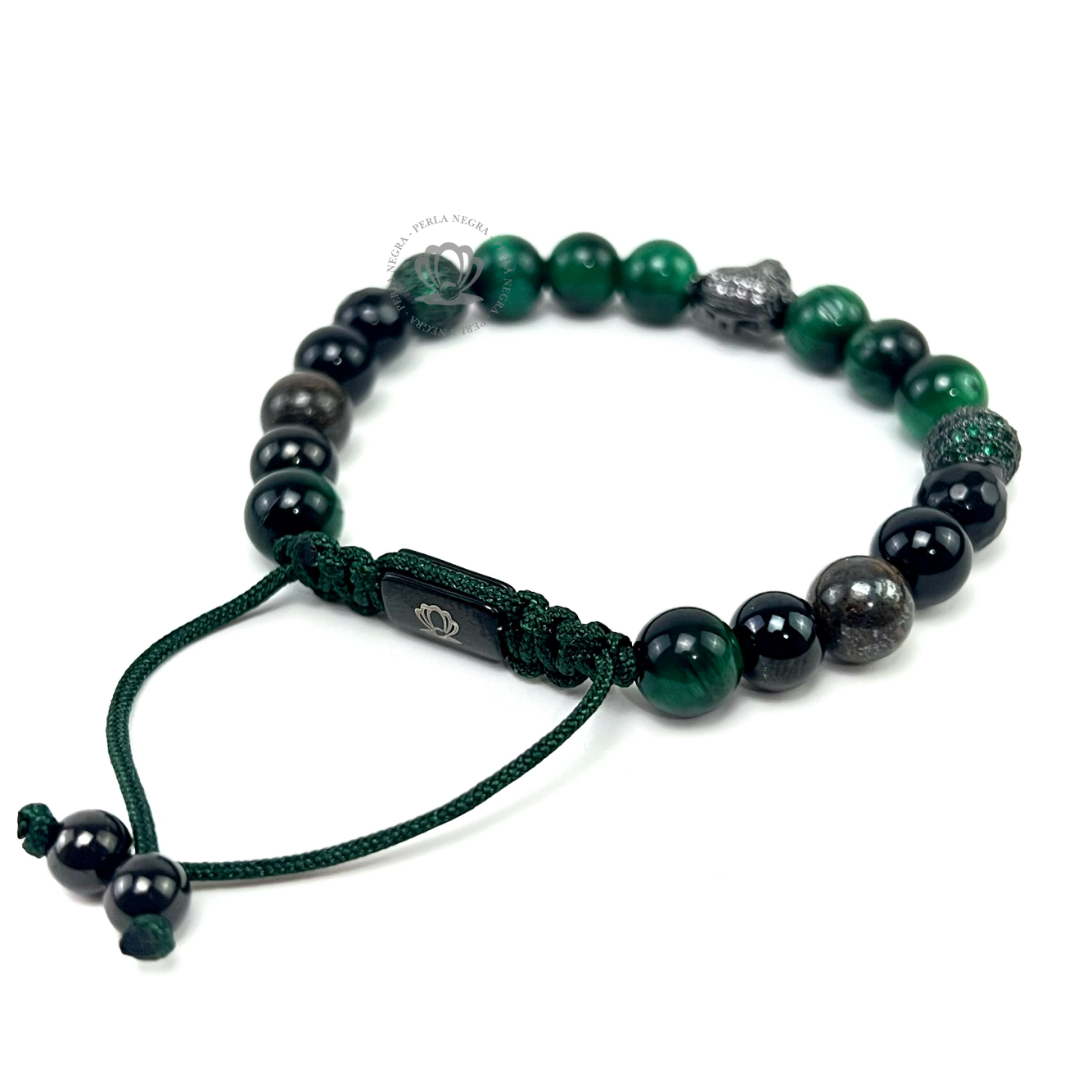 Rhodium Jaguar Green Cz, Agata & Green Tiger Eye Beads - perlanegramx