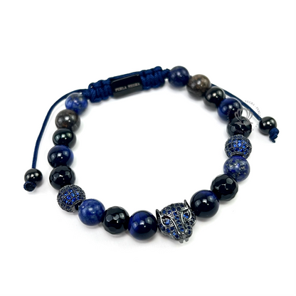 Rhodium Jaguar Blue Cz, Blue Tiger Eye & Agata Bracelet