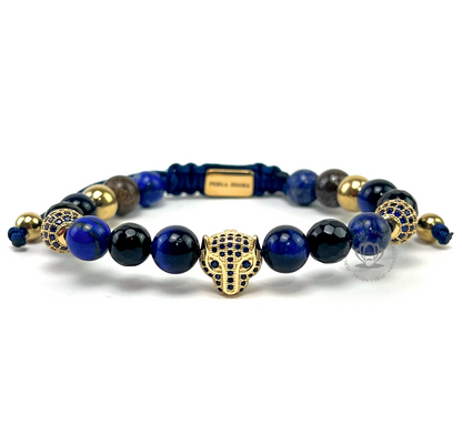 Gold Jaguar, Gold Cz Crown % Blue Tiger Eye Beads