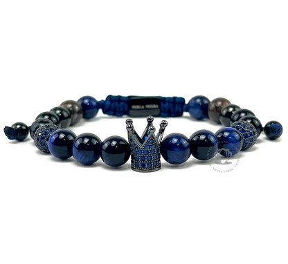 Rhodium Cz Crown, Blue Tiger Eye Beads & Roman Bracelet