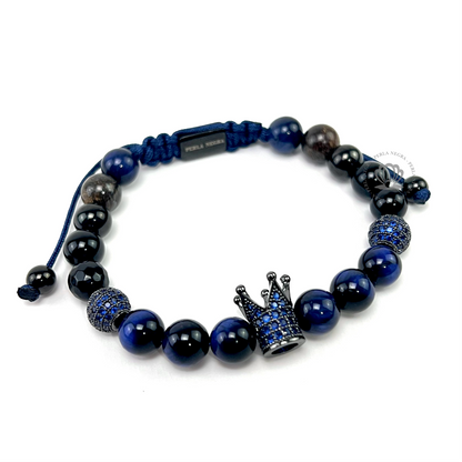 Rhodium Cz Crown, Blue Tiger Eye Bracelet - perlanegramx