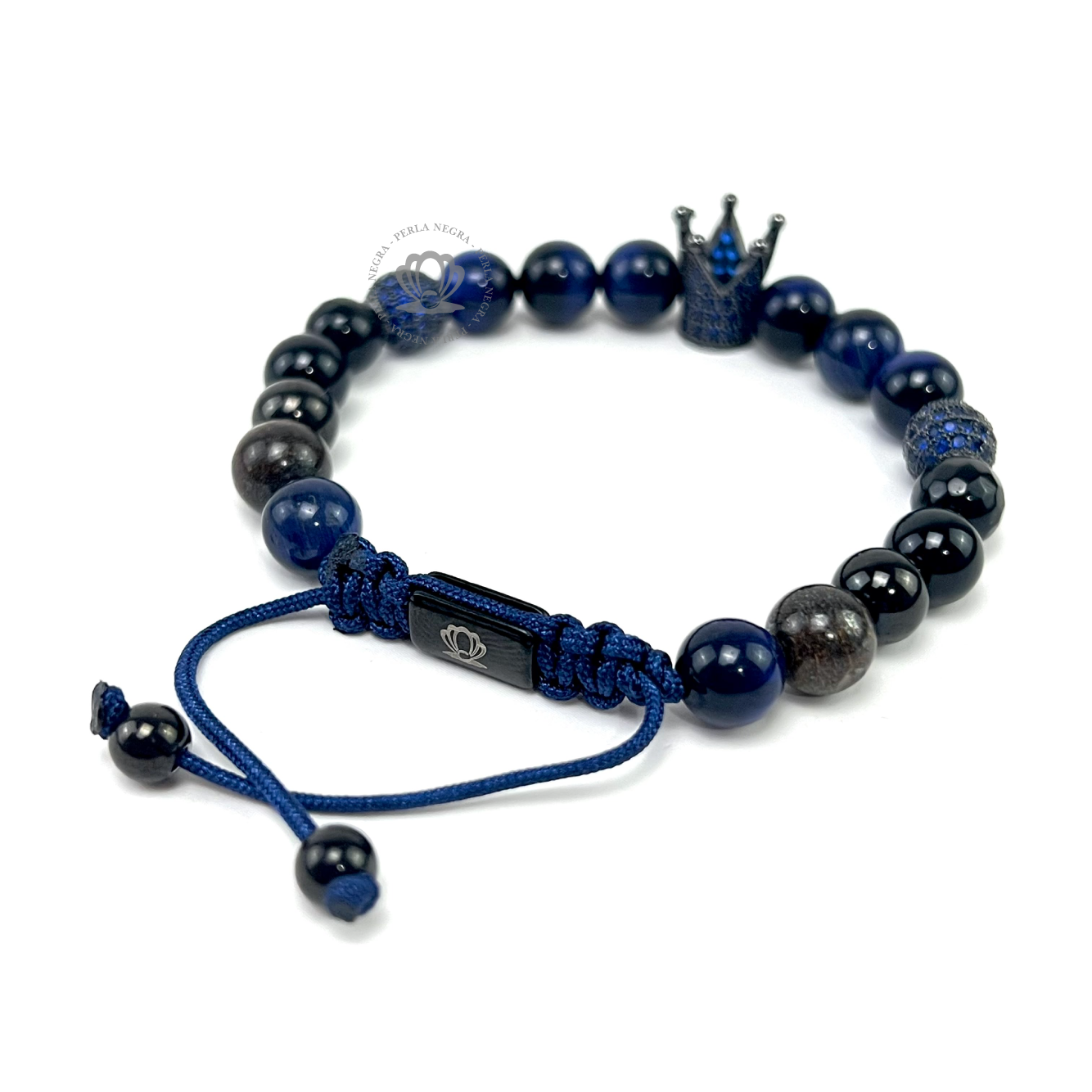 Rhodium Cz Crown, Blue Tiger Eye Bracelet - perlanegramx