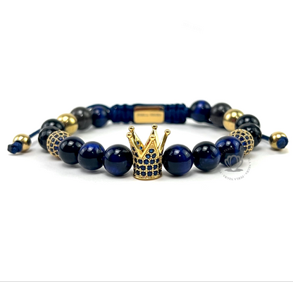 Gold Jaguar, Gold Cz Crown % Blue Tiger Eye Beads