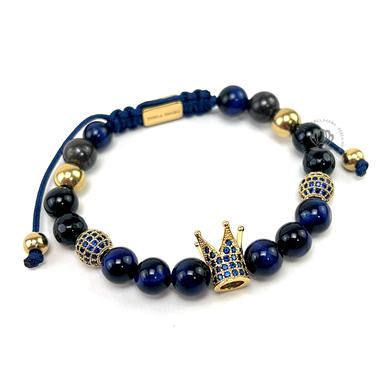 Gold Cz Crown & Blue Tiger Eye Bracelet