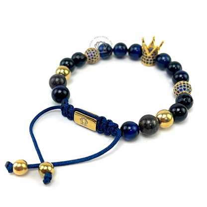 Gold Cz Crown & Blue Tiger Eye Bracelet