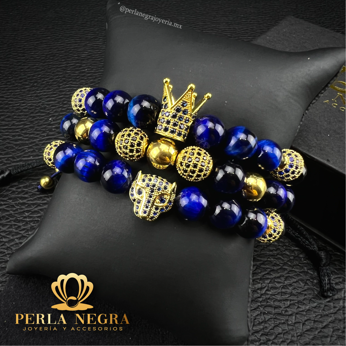 Gold Jaguar, Gold Cz Crown % Blue Tiger Eye Beads