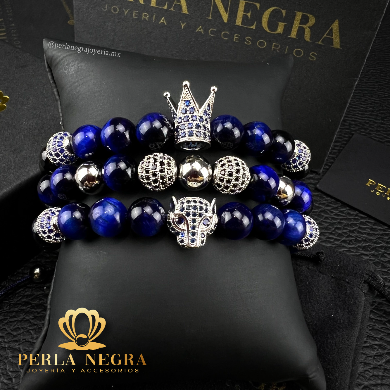 White Gold Cz Crown, White Gold Jaguar & Blue Tiger Eye Beads