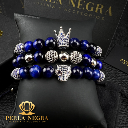 White Gold Cz Crown, White Gold Jaguar & Blue Tiger Eye Beads