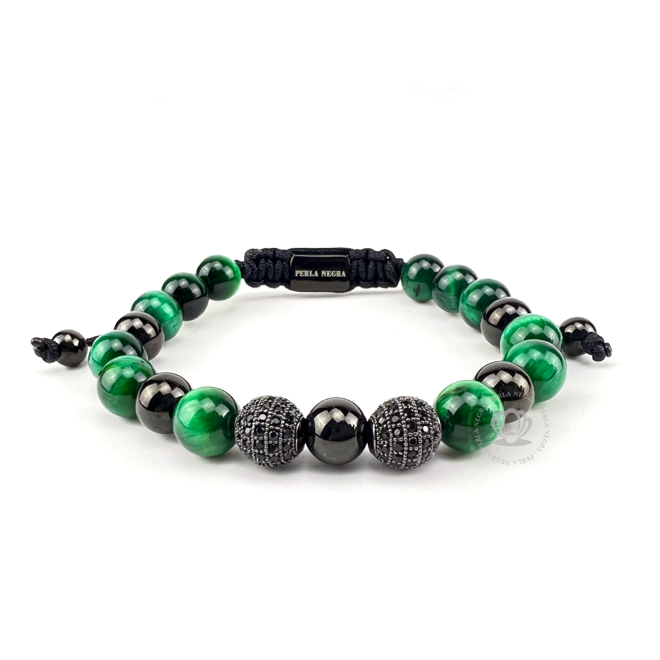 Rhodium Jaguar, Green Tiger Eye Beads & Roman Bravelet