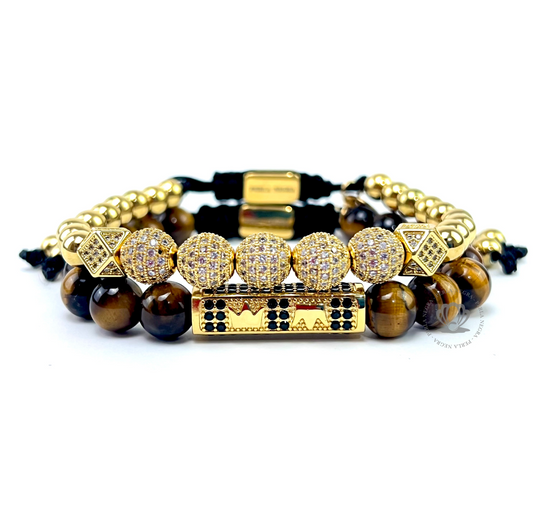 Yellow Gold Clear Cz Beads & Brown Tiger Eye Set